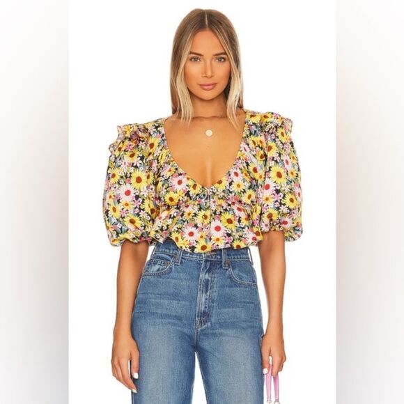 For Love & Lemons Floral Puff Sleeve Glenn crop Top size Medium - Picture 1 of 9